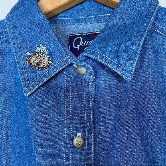 Vintage 90’s Quizz Blue Embroidered Christmas Holiday Button Down Shirt - Picture 5 of 7